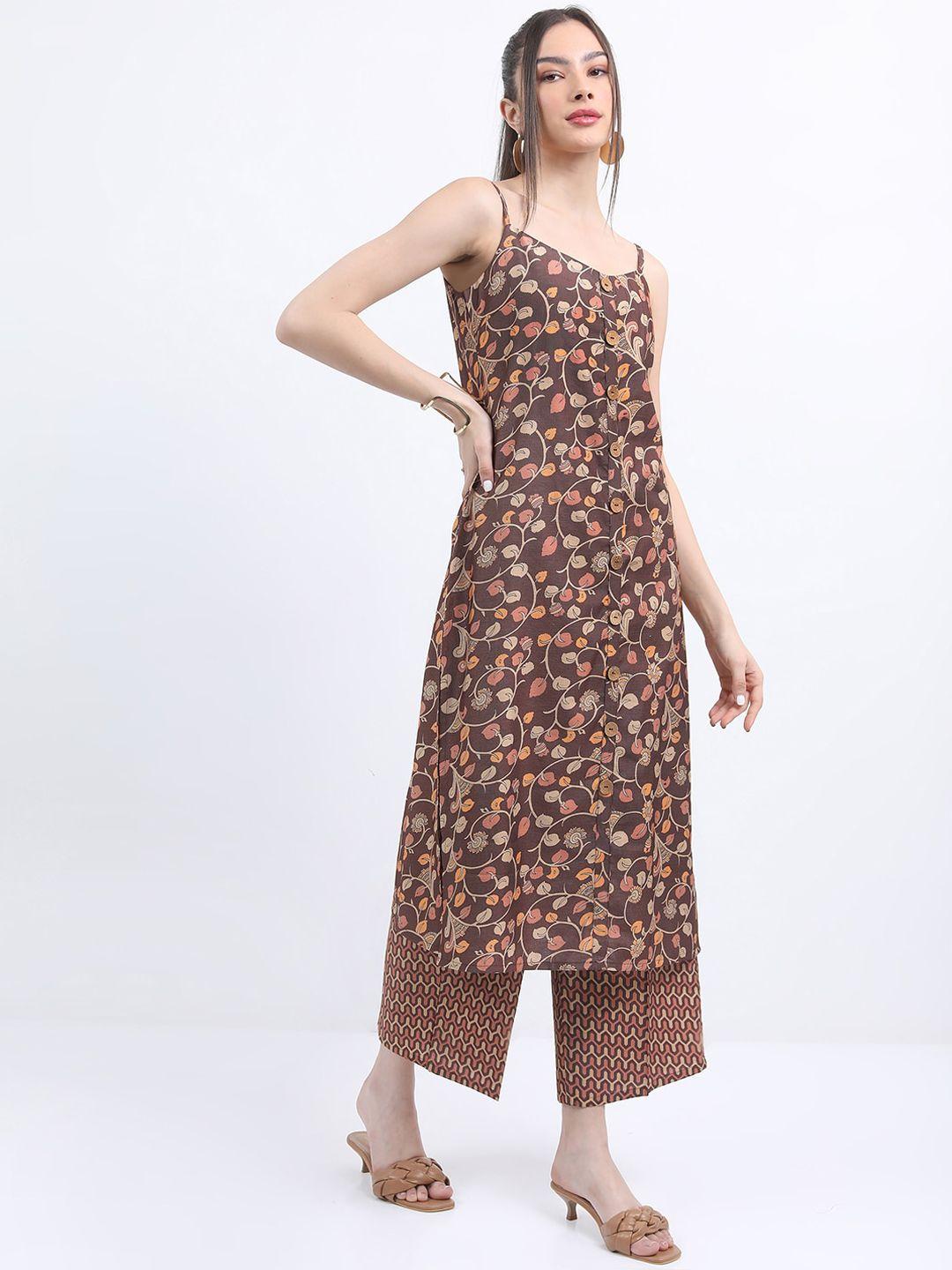 ketch floral printed shoulder straps straight kurta with trousers & dupatta