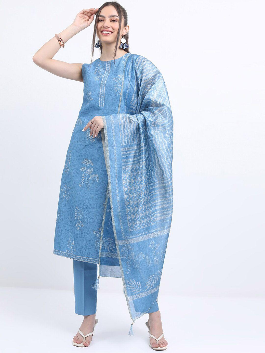 ketch floral printed sleeveless round neck kurta & trousers with dupatta