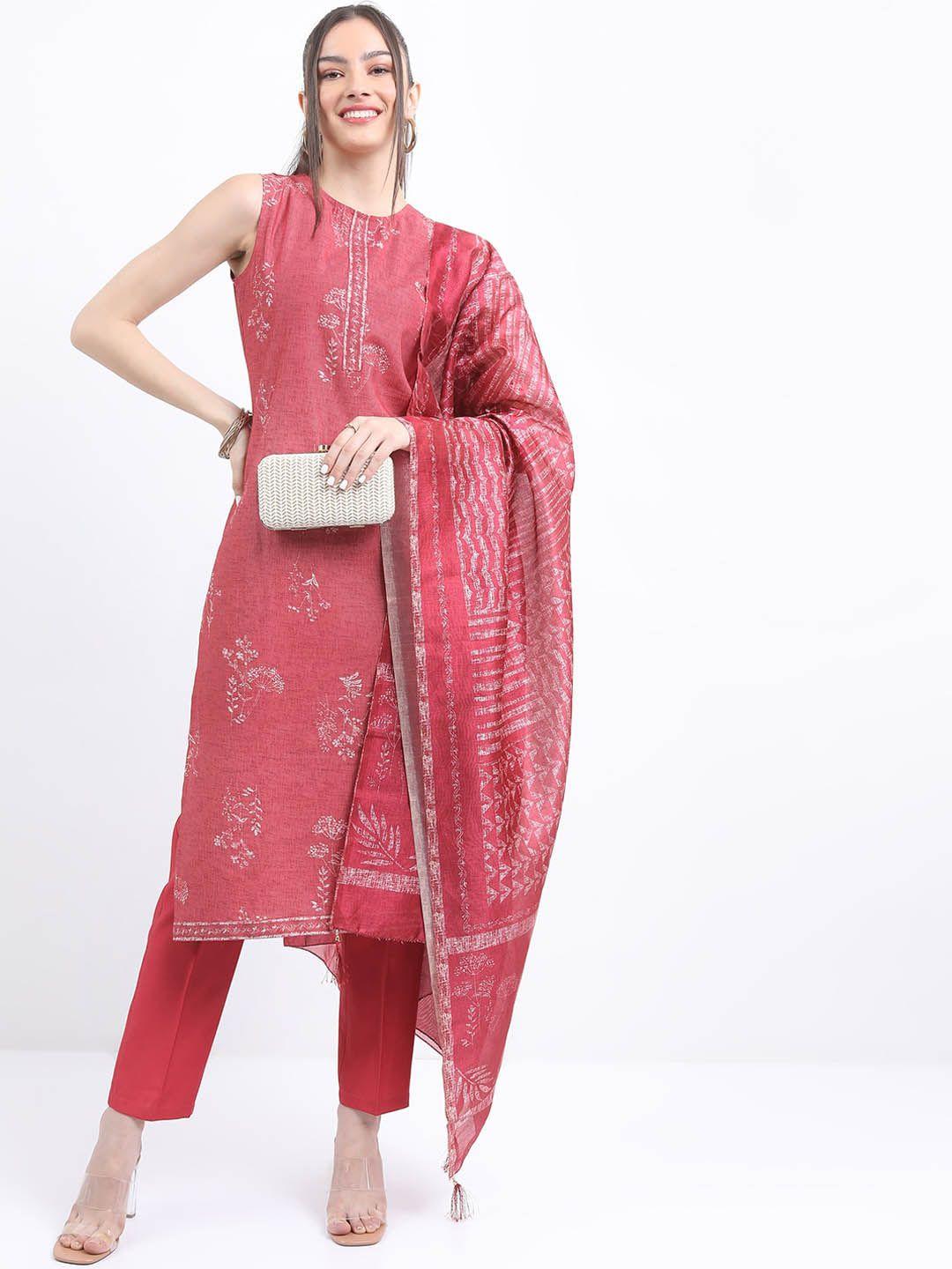 ketch floral printed sleeveless straight kurta with trousers & dupatta