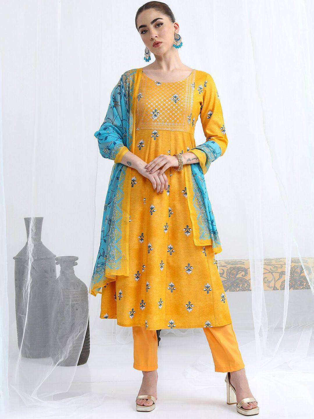 ketch floral printed thread work a-line kurta with trousers & with dupatta