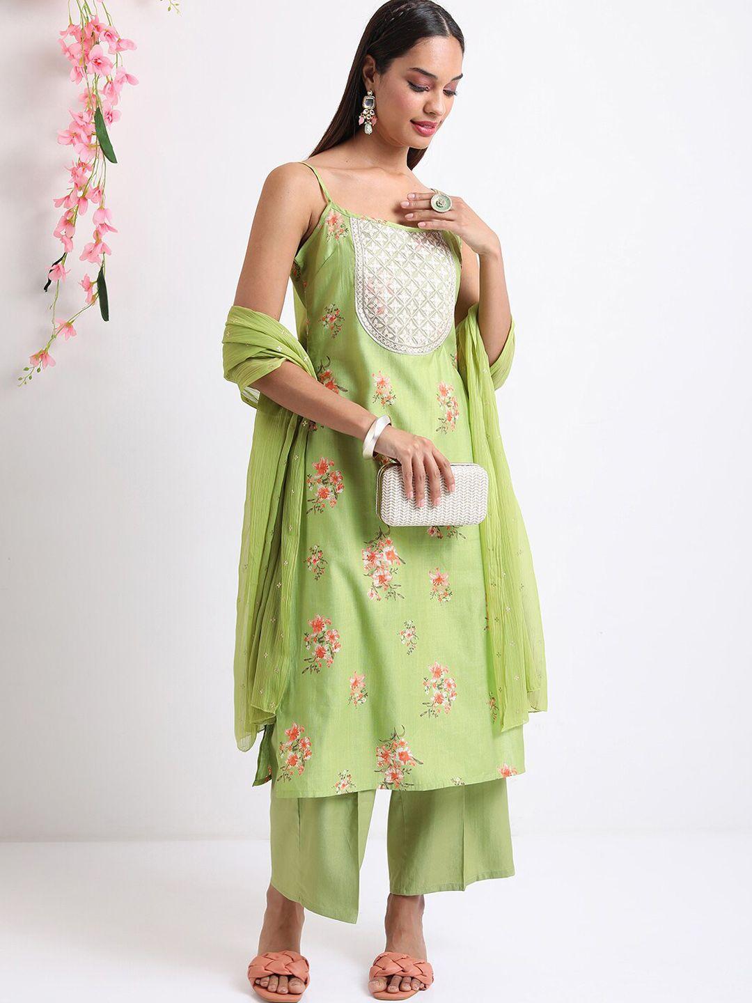 ketch floral printed thread work kurta with trousers & dupatta