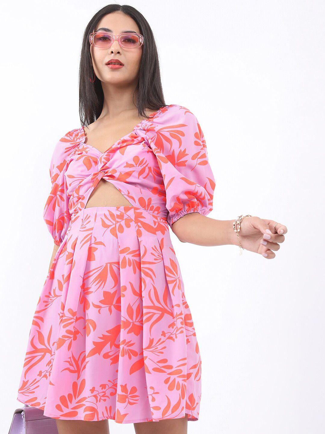 ketch floral printed twisted cut-out a-line dress