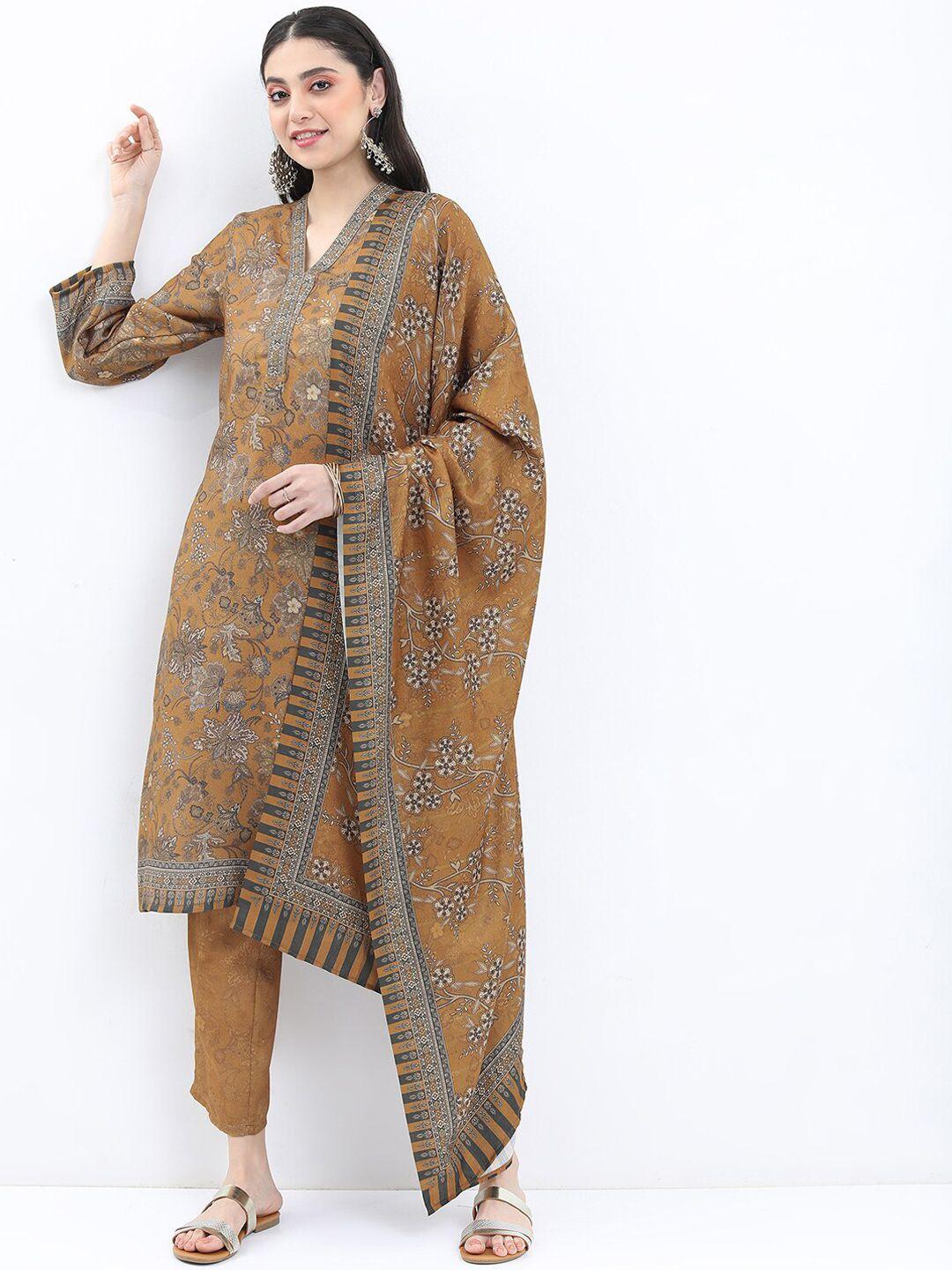 ketch floral printed v-neck kurta with trousers & dupatta