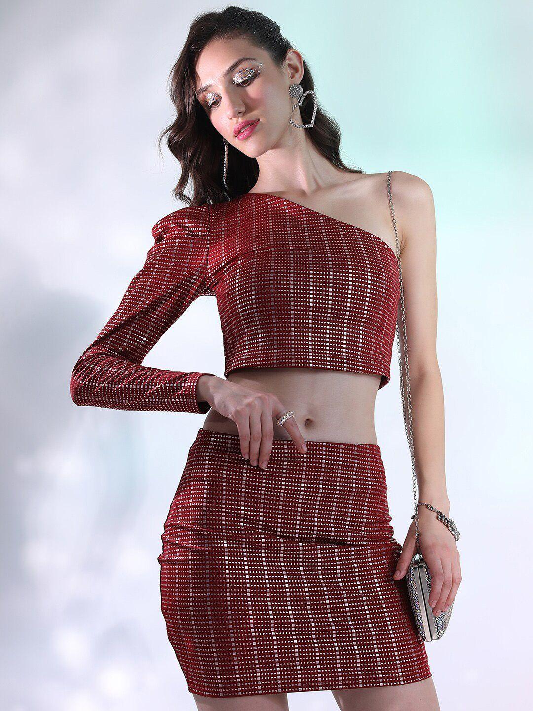 ketch geometric printed one-shoulder crop top with skirt