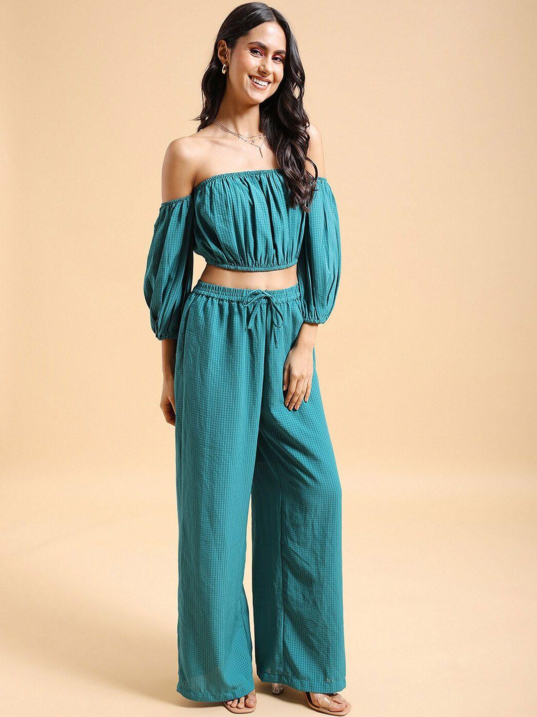 ketch green checked off shoulder crop top & palazzo