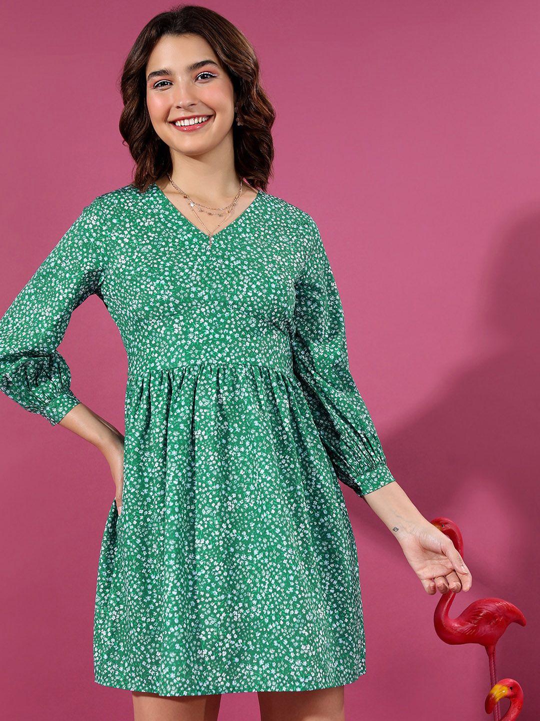 ketch green floral printed v-neck smocked fit & flare dress