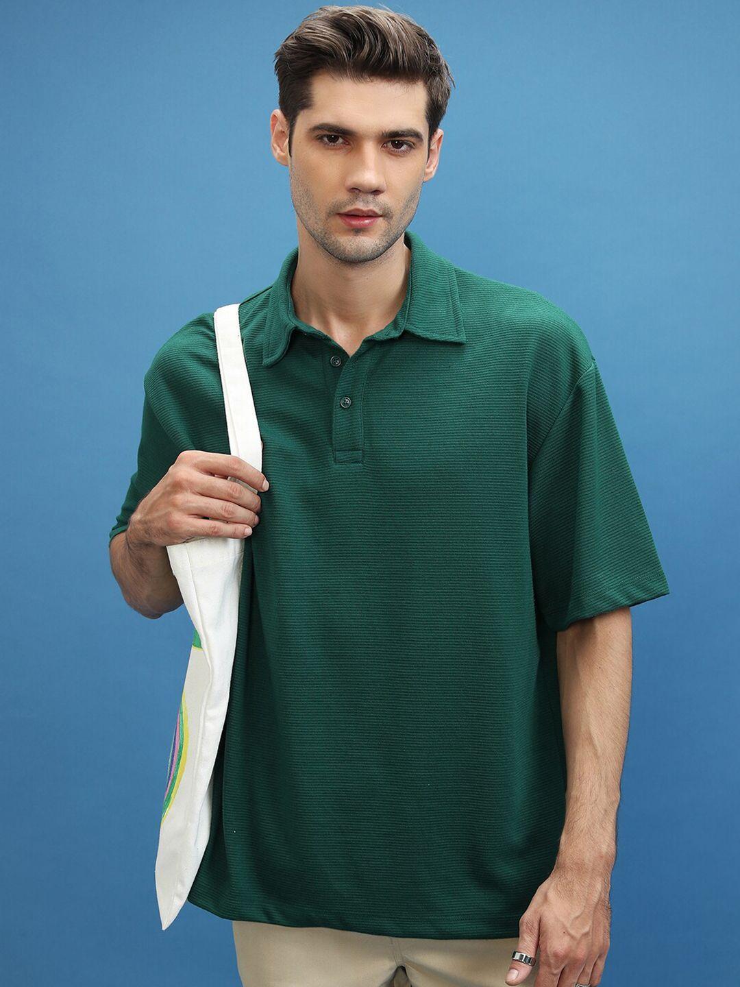 ketch green striped polo collar drop-shoulder sleeves longline oversized t-shirt