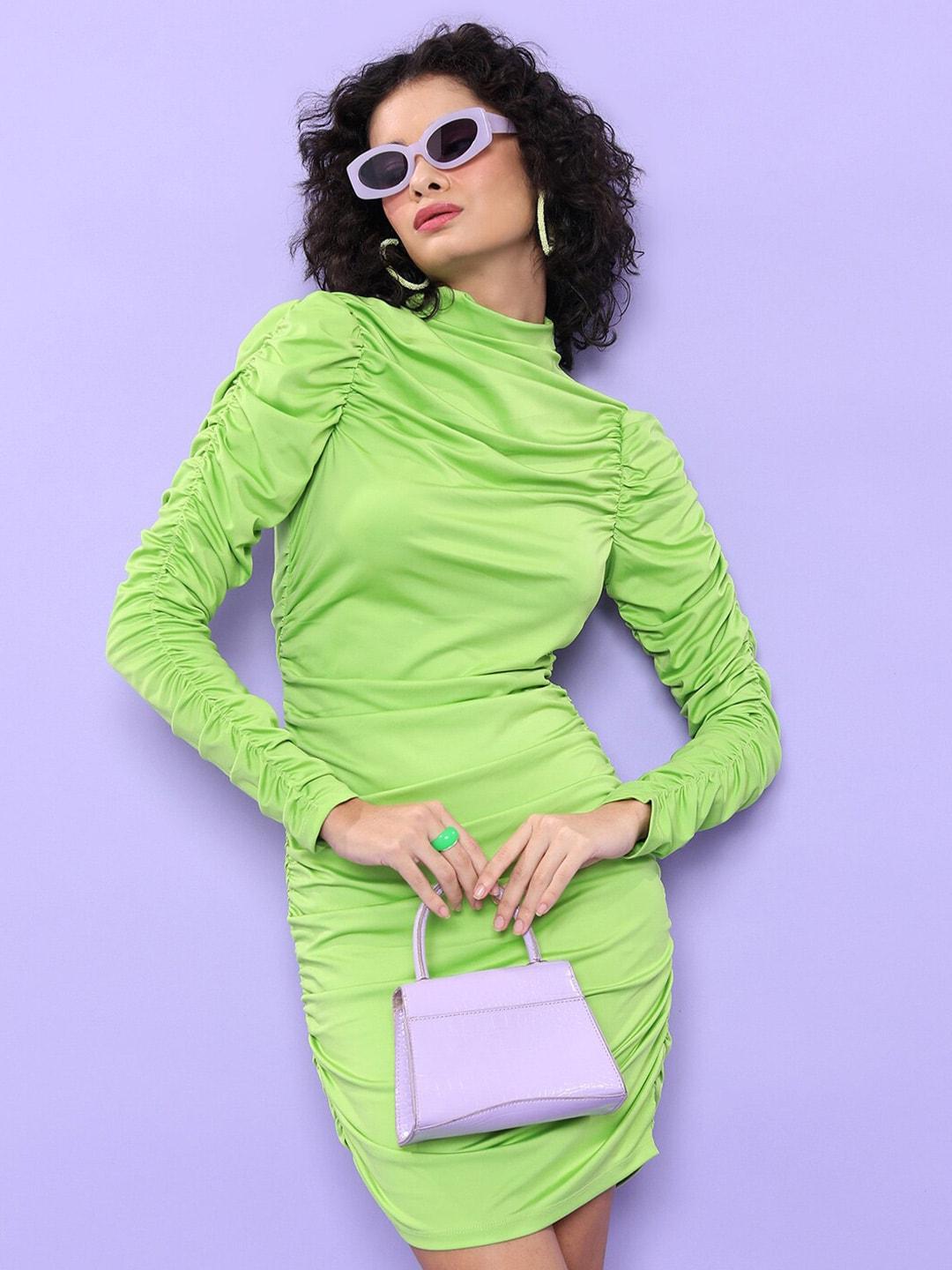 ketch lime green high neck puff sleeve gathered ruched bodycon dress