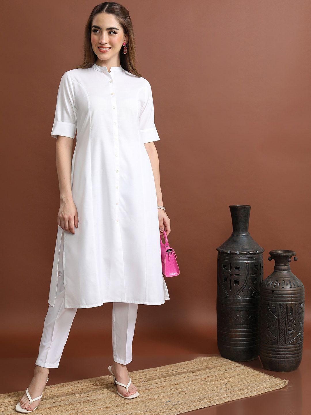 ketch mandarin collar roll -up sleeves panelled a-line kurta