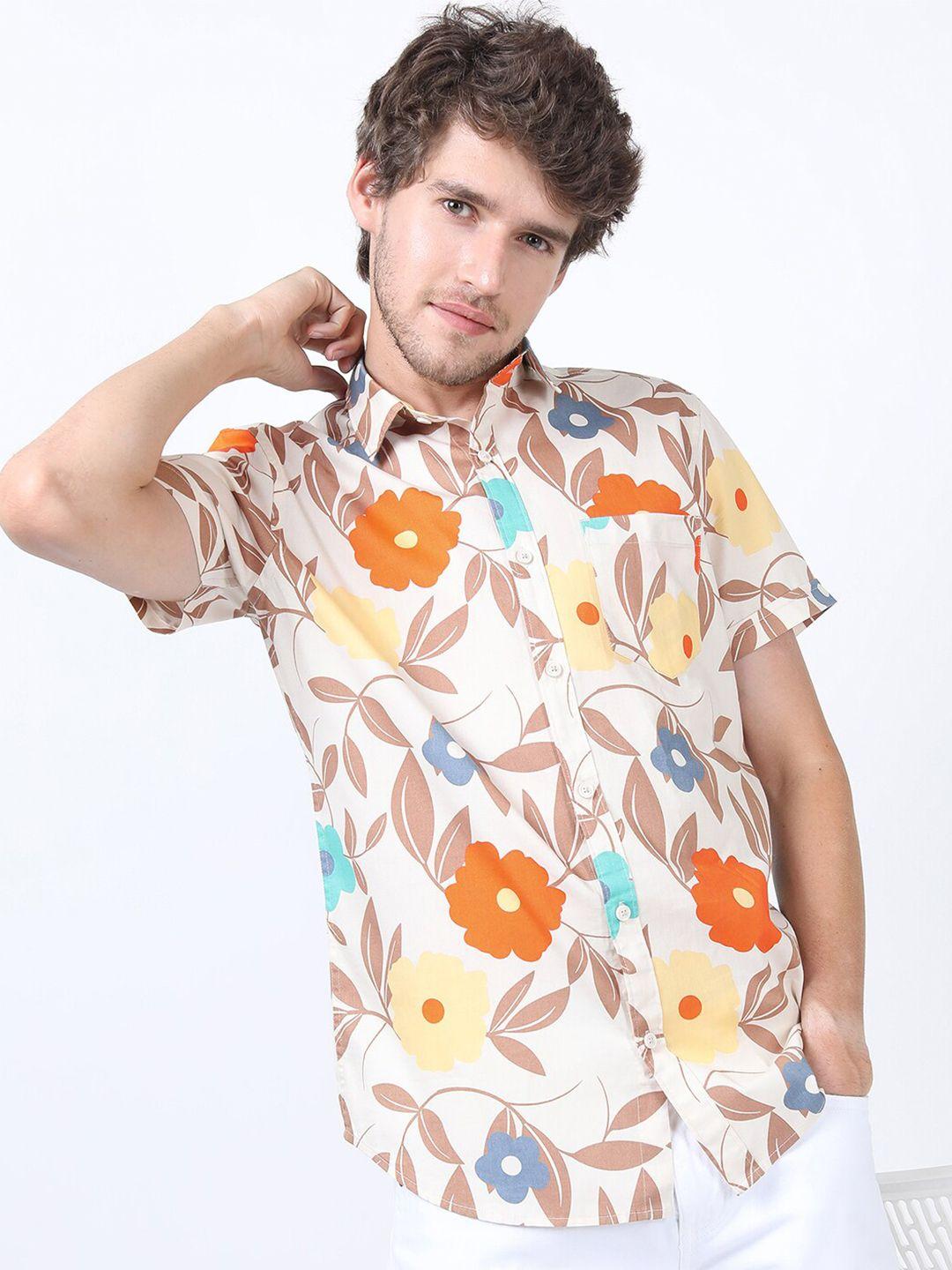 ketch men beige slim fit floral printed cotton casual shirt