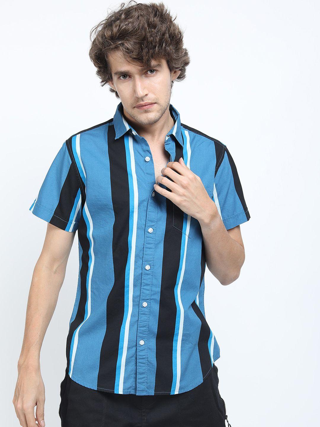 ketch men blue & black slim fit striped cotton casual shirt