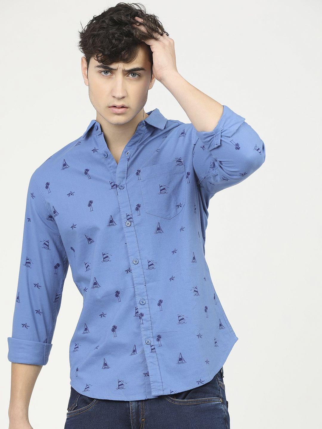 ketch men blue & navy blue slim fit opaque printed casual shirt