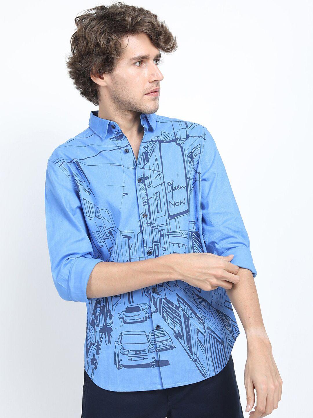 ketch men blue slim fit printed casual cotton shirt