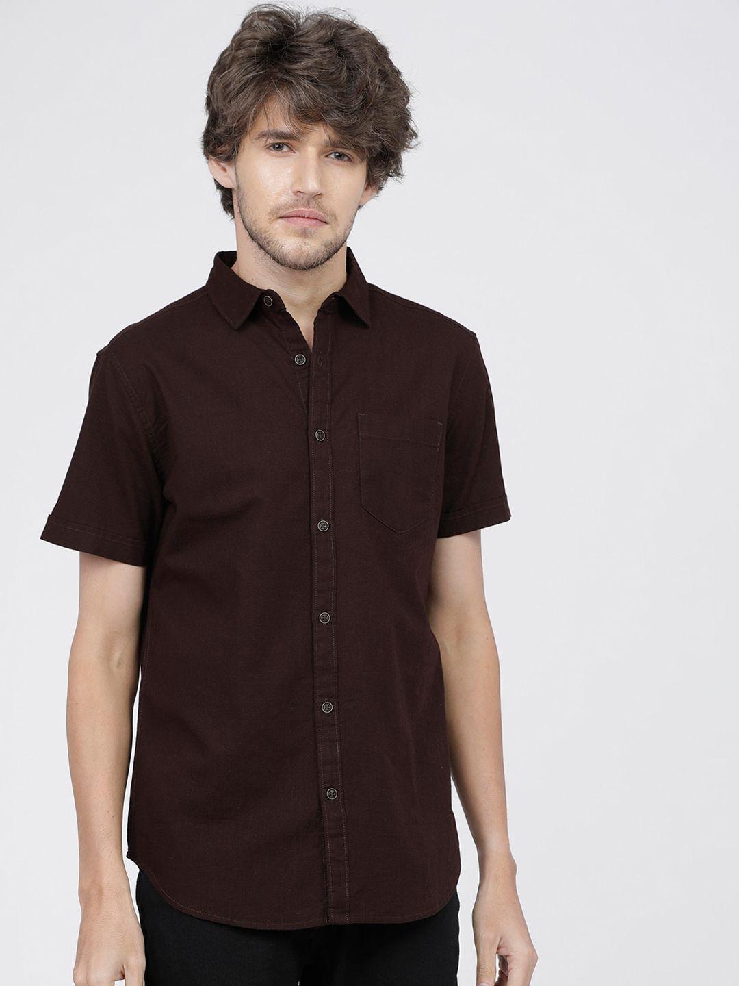 ketch men brown solid slim fit opaque casual shirt