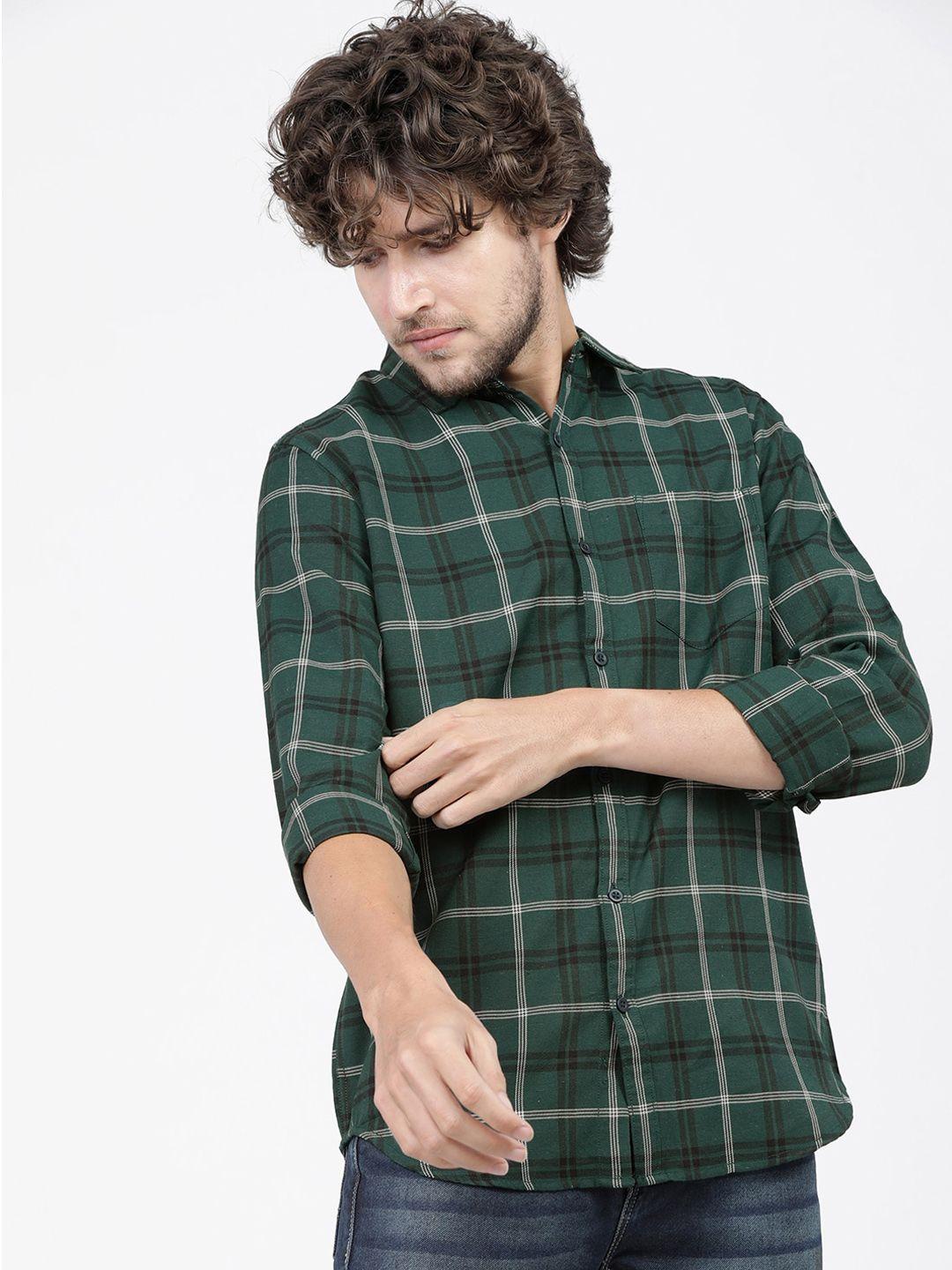 ketch men green & white slim fit opaque tartan checked casual shirt