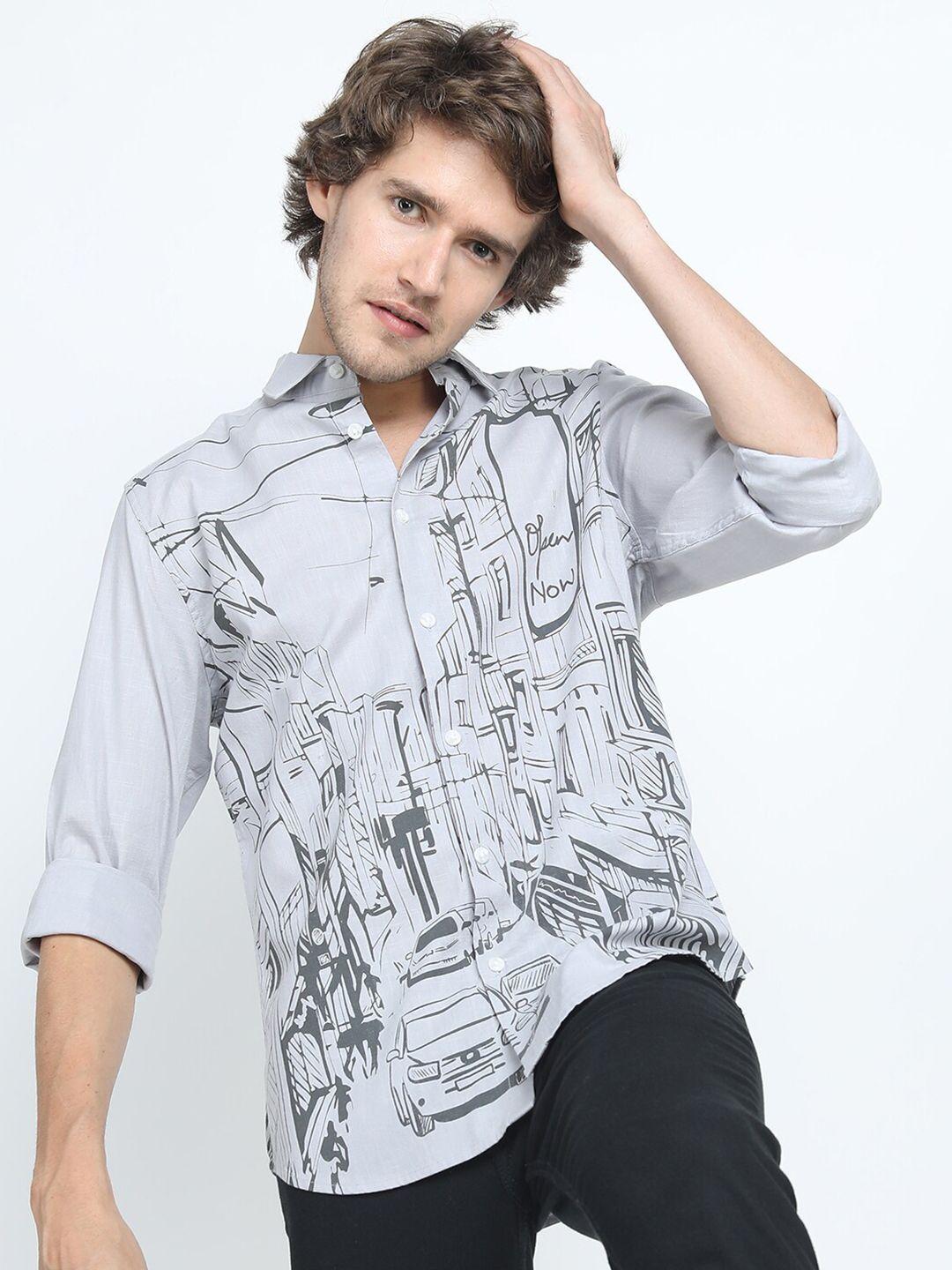 ketch men grey slim fit printed cotton casual shirt