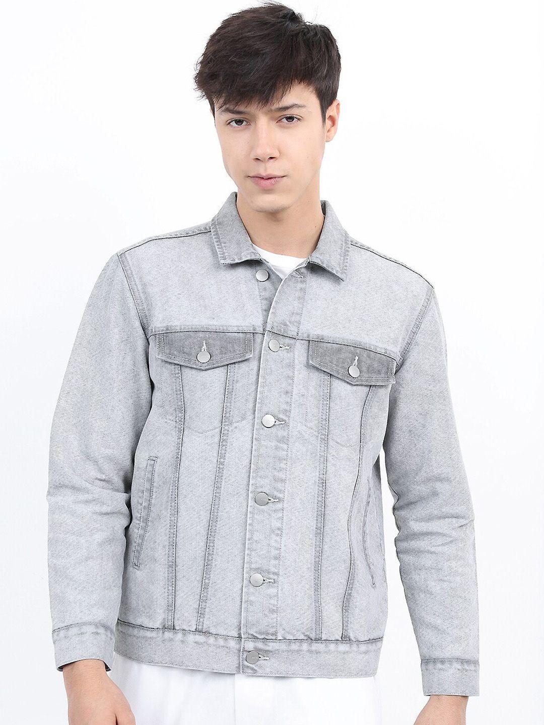 ketch men grey solid washed denim jacket