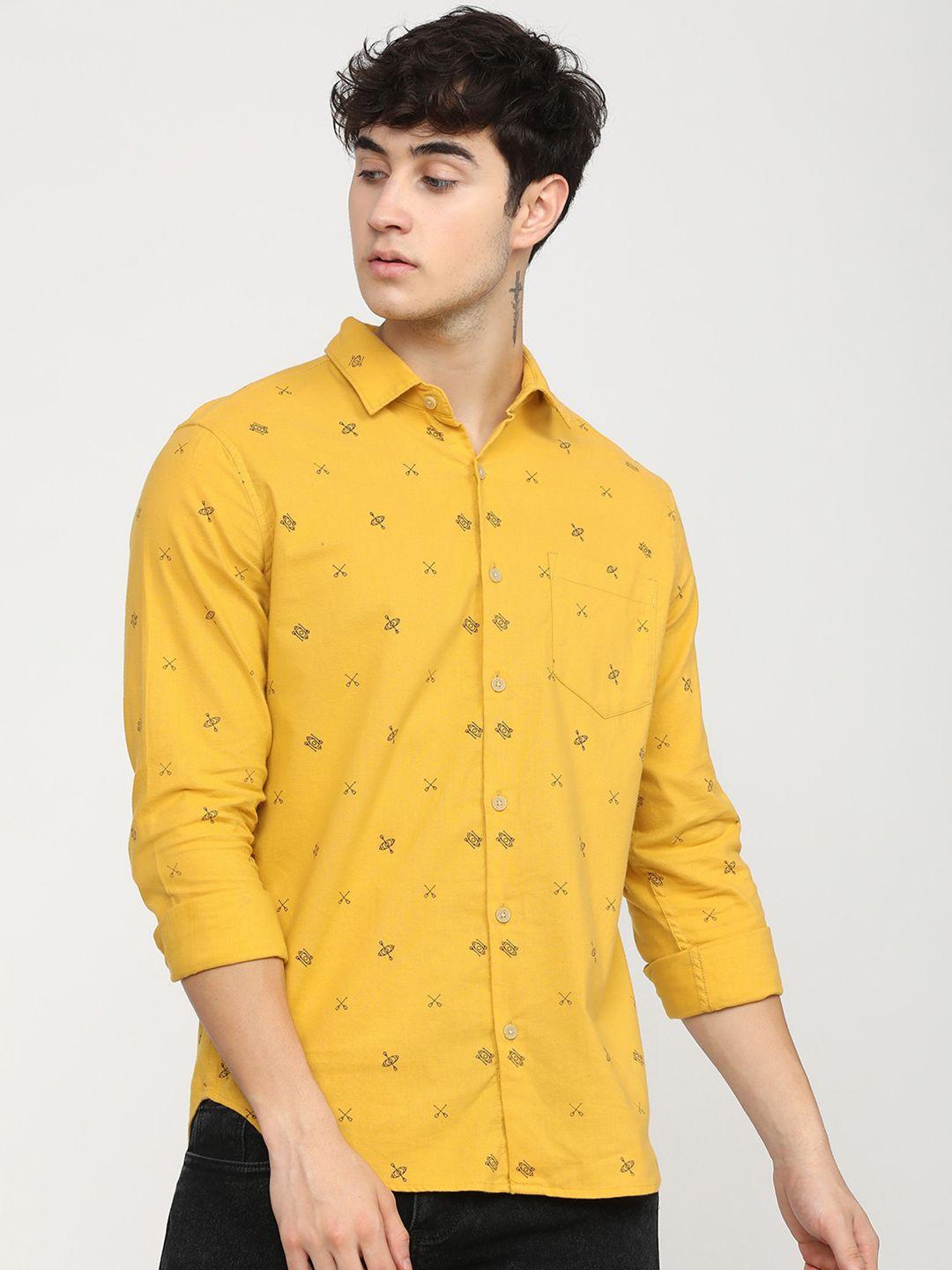 ketch men mustard slim fit opaque printed casual shirt