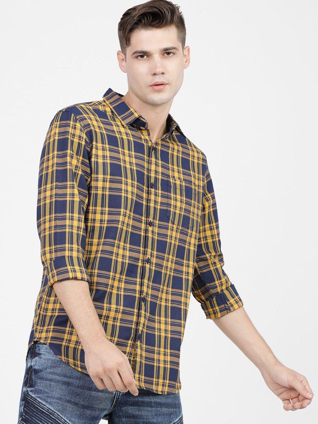 ketch men mustard slim fit tartan checked casual shirt