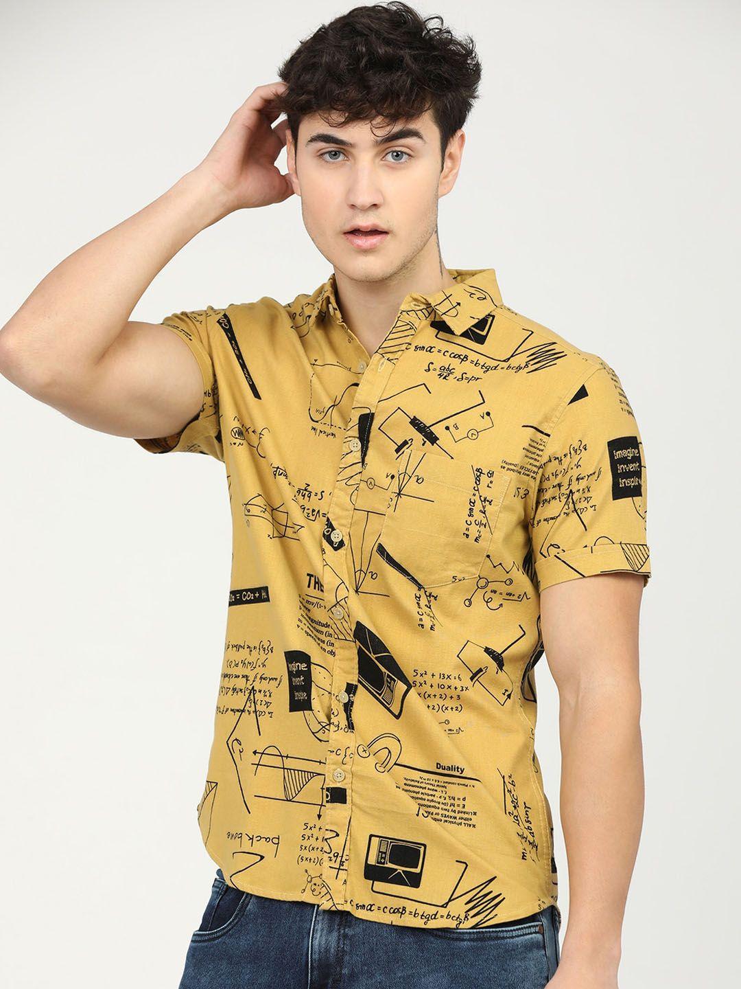 ketch men mustard yellow & black slim fit opaque graphic printed cotton casual shirt