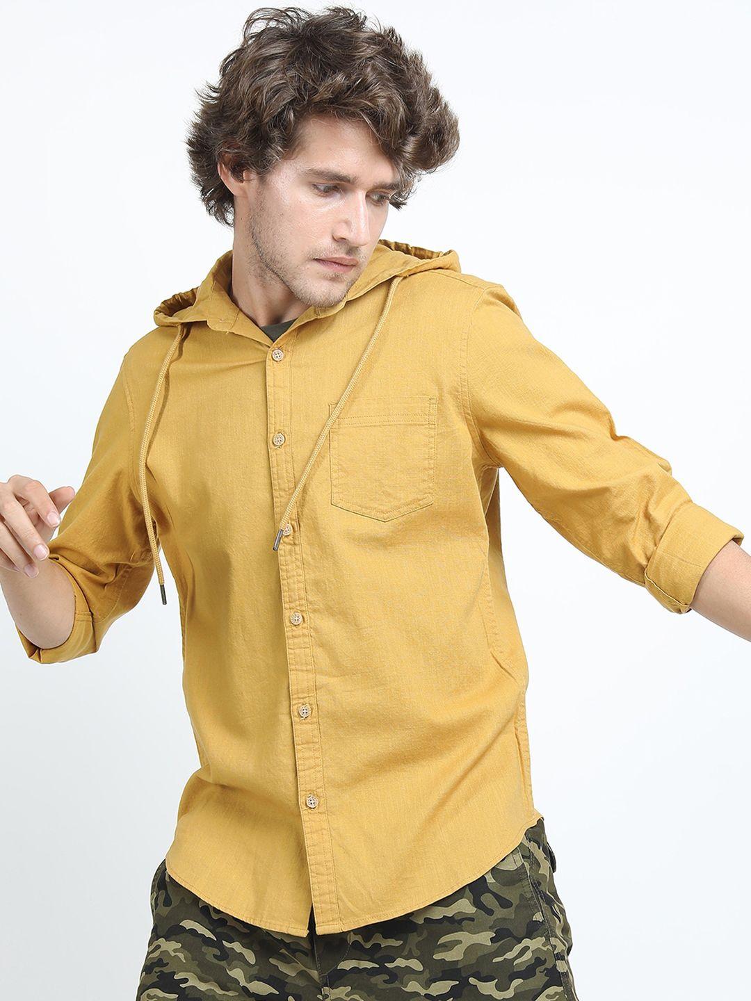 ketch men mustard yellow slim fit hooded casual shirt