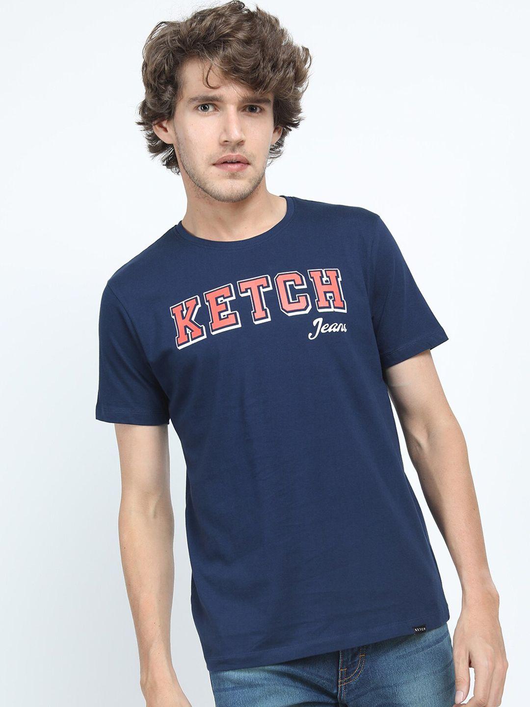 ketch men navy blue & red brand logo printed slim fit t-shirt
