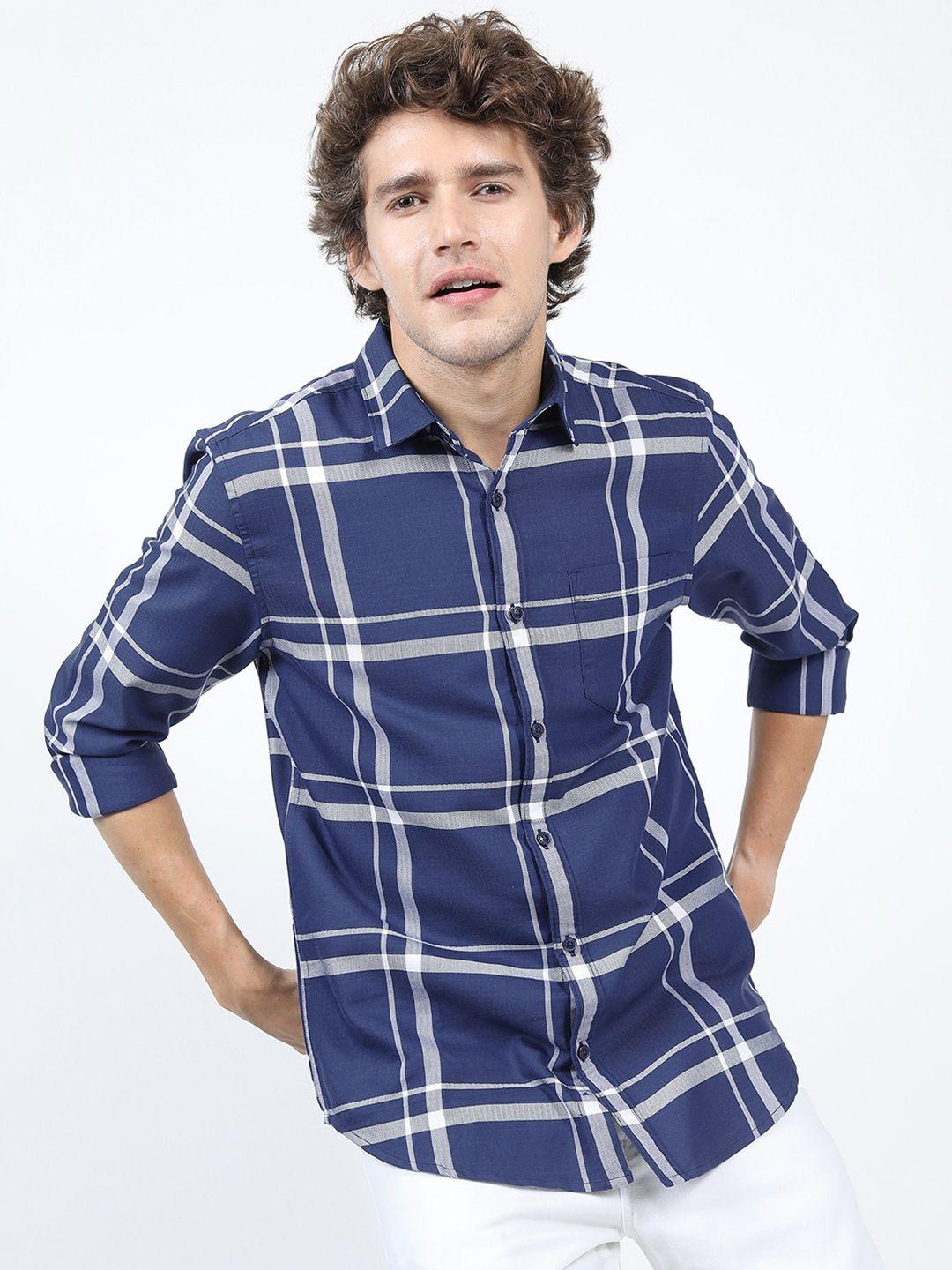 ketch men navy blue & white slim fit checked casual shirt