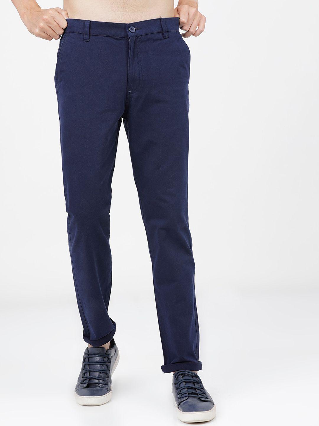 ketch men navy blue slim fit easy wash trousers