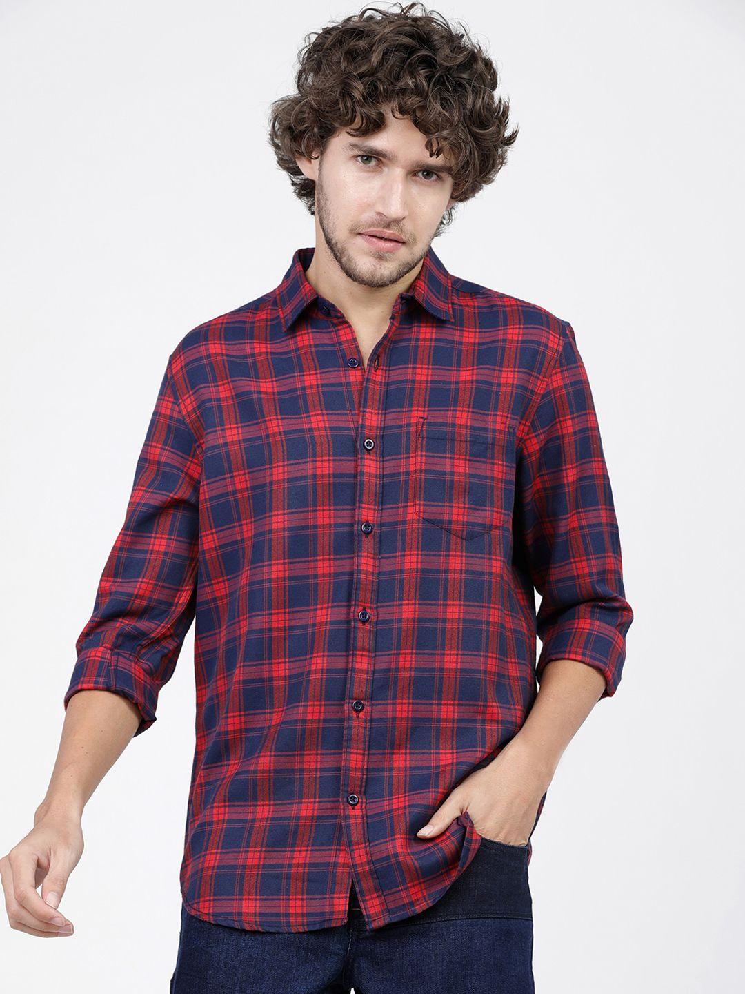 ketch men navy blue slim fit opaque checked casual shirt
