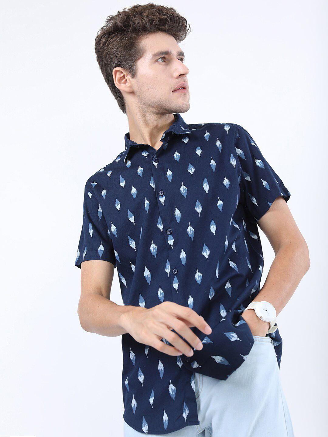 ketch men navy blue slim fit printed casual shirt