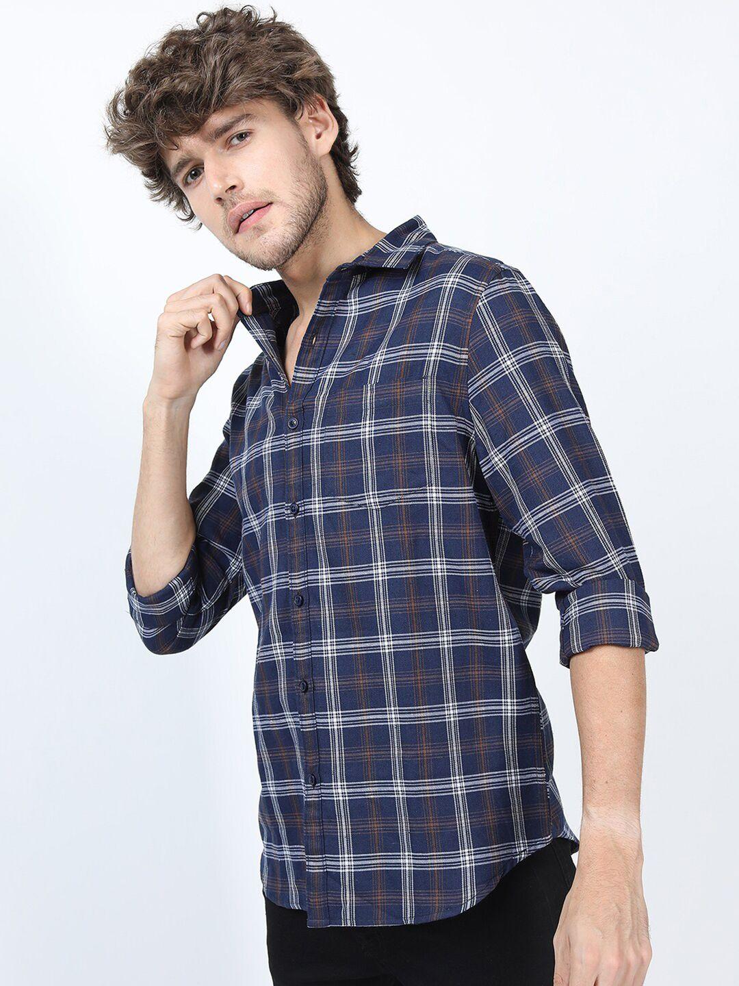 ketch men navy blue slim fit tartan checked casual shirt