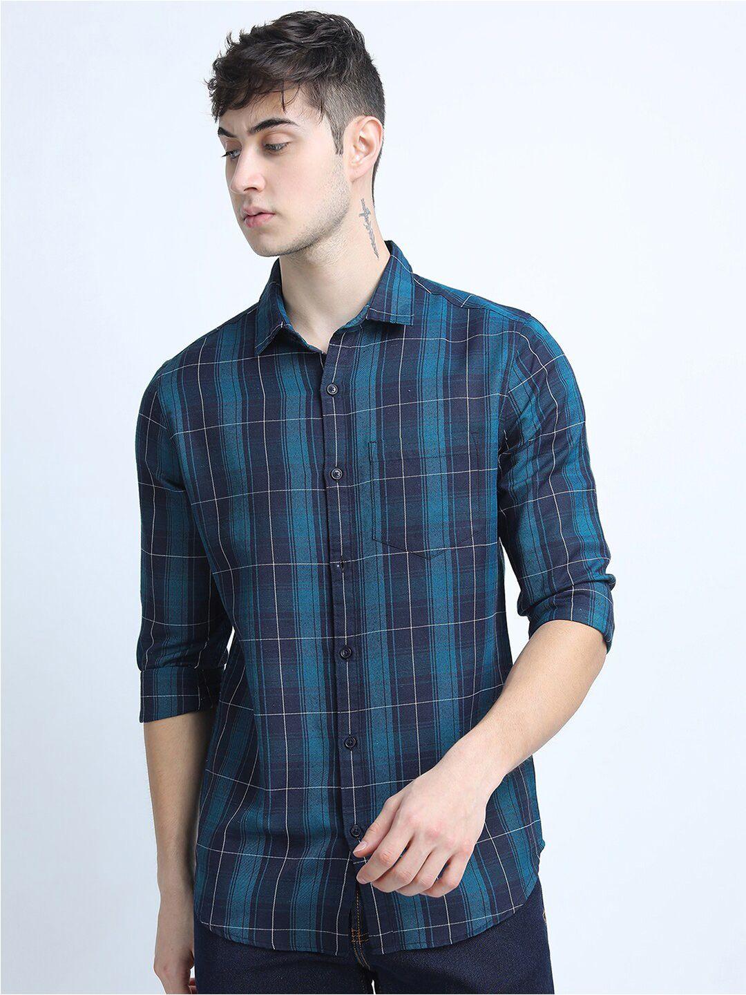 ketch men navy blue slim fit tartan checks checked casual shirt