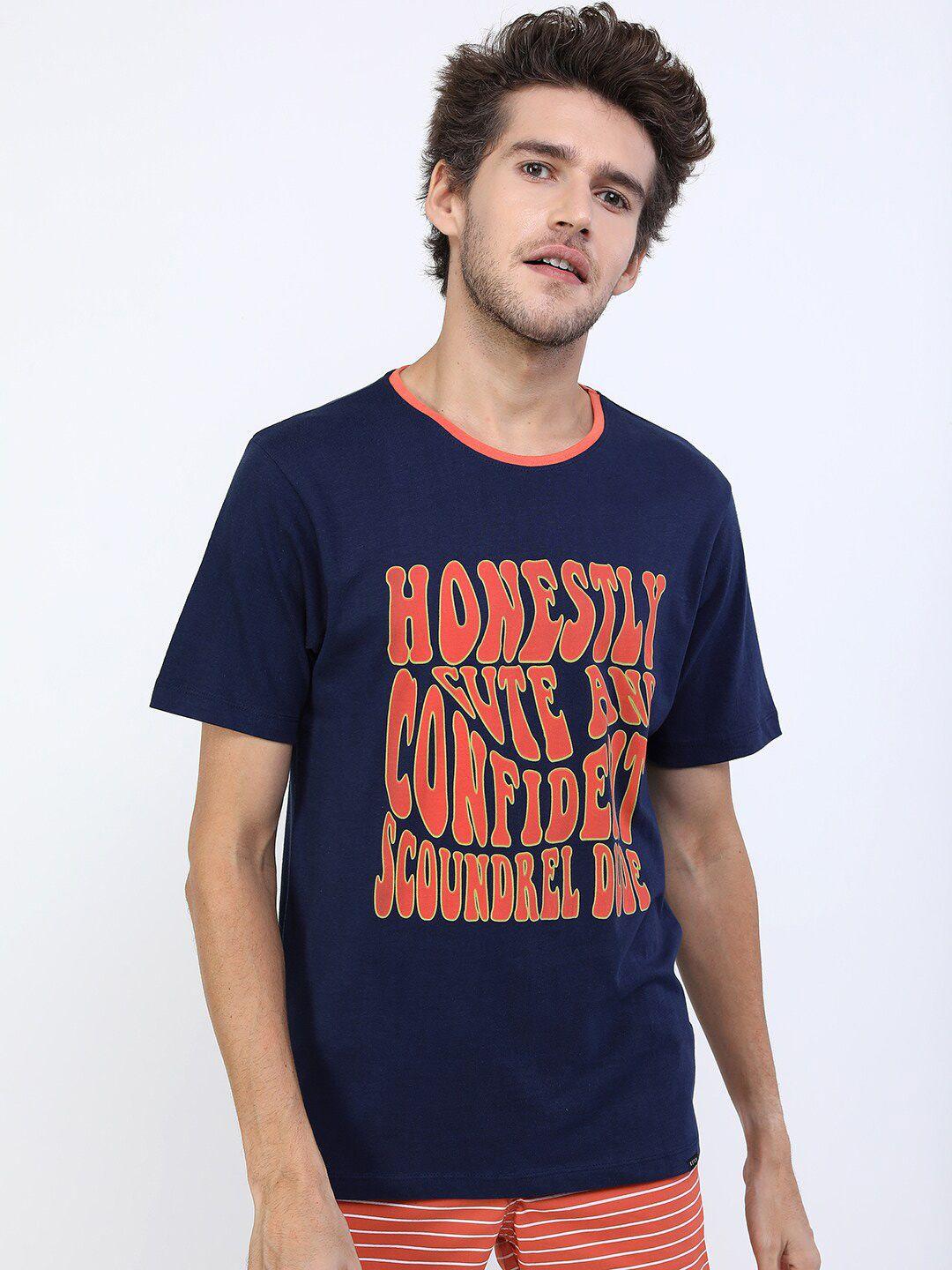 ketch men navy blue typography printed slim fit t-shirt