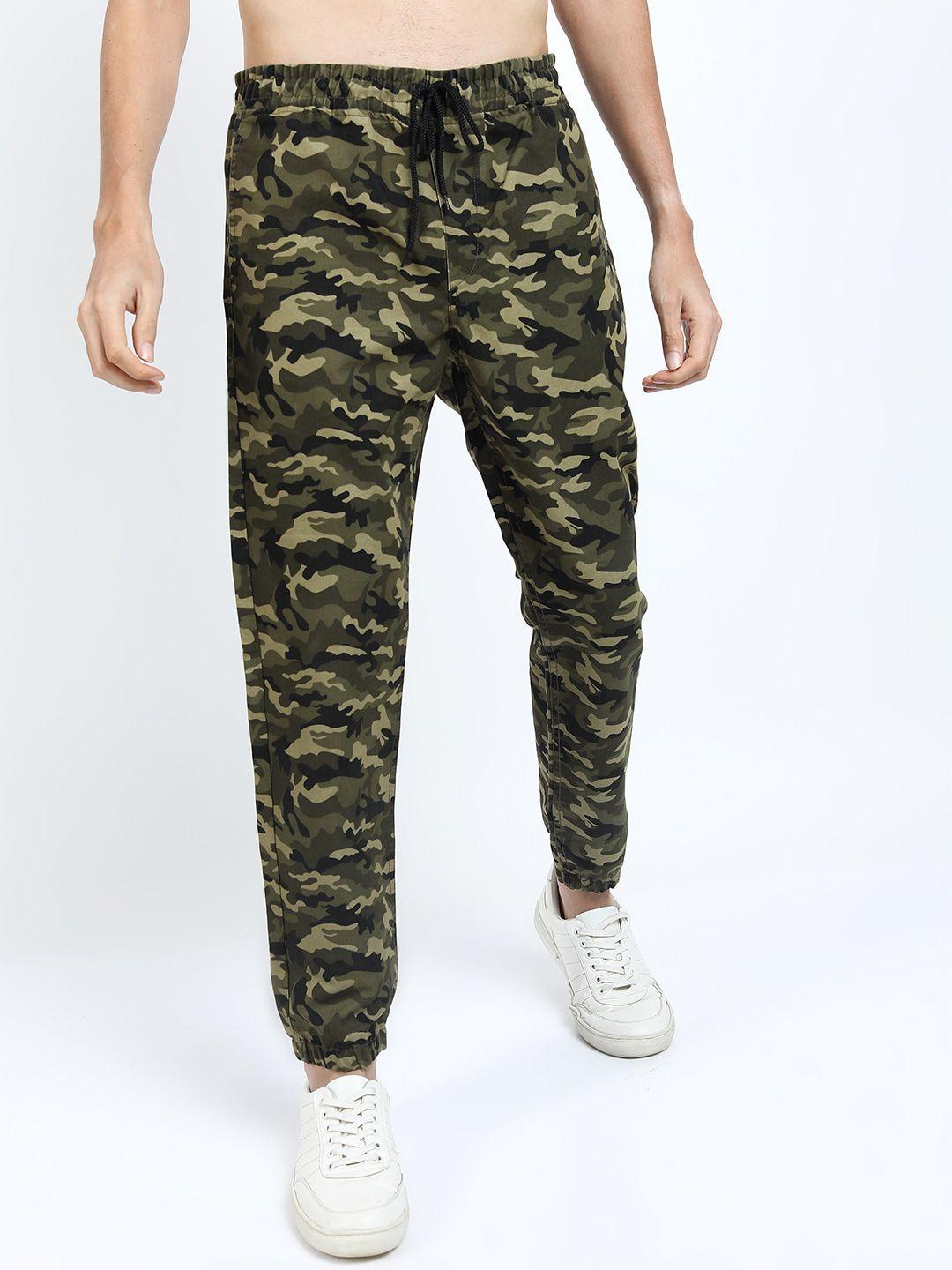 ketch men olive green camouflage printed joggers trousers