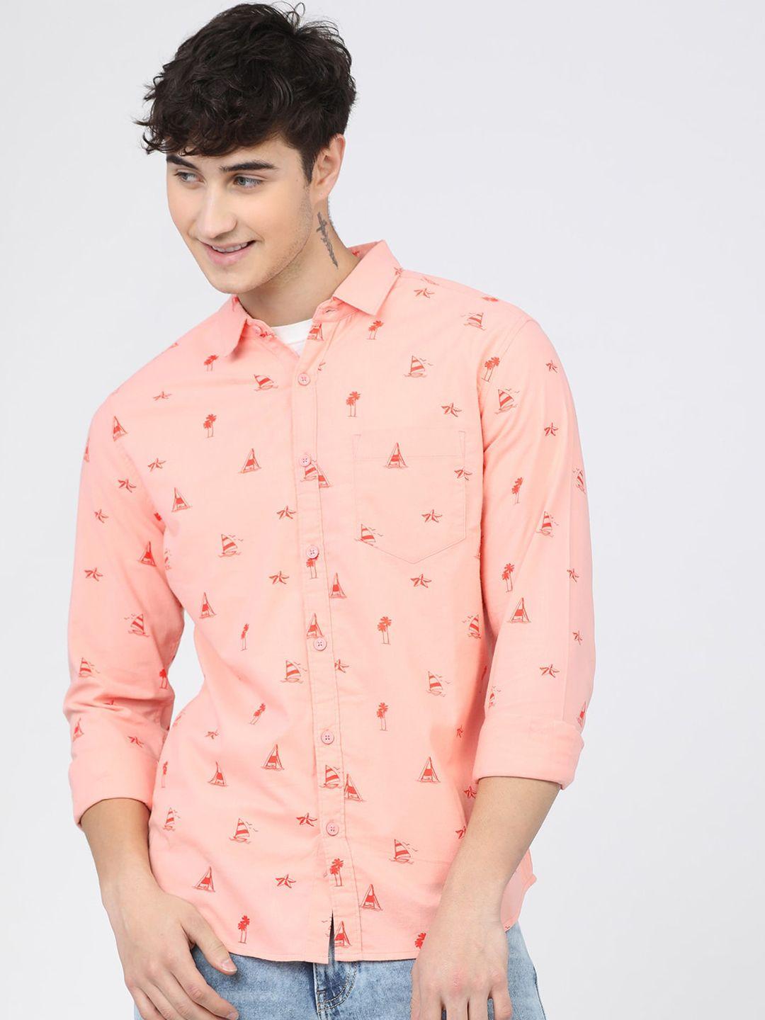 ketch men peach-coloured slim fit opaque printed casual cotton shirt