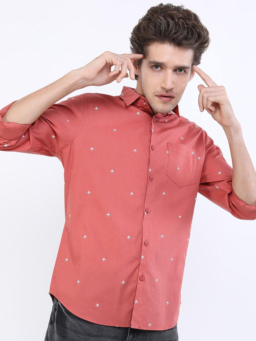 ketch men peach-coloured slim fit printed casual cotton shirt