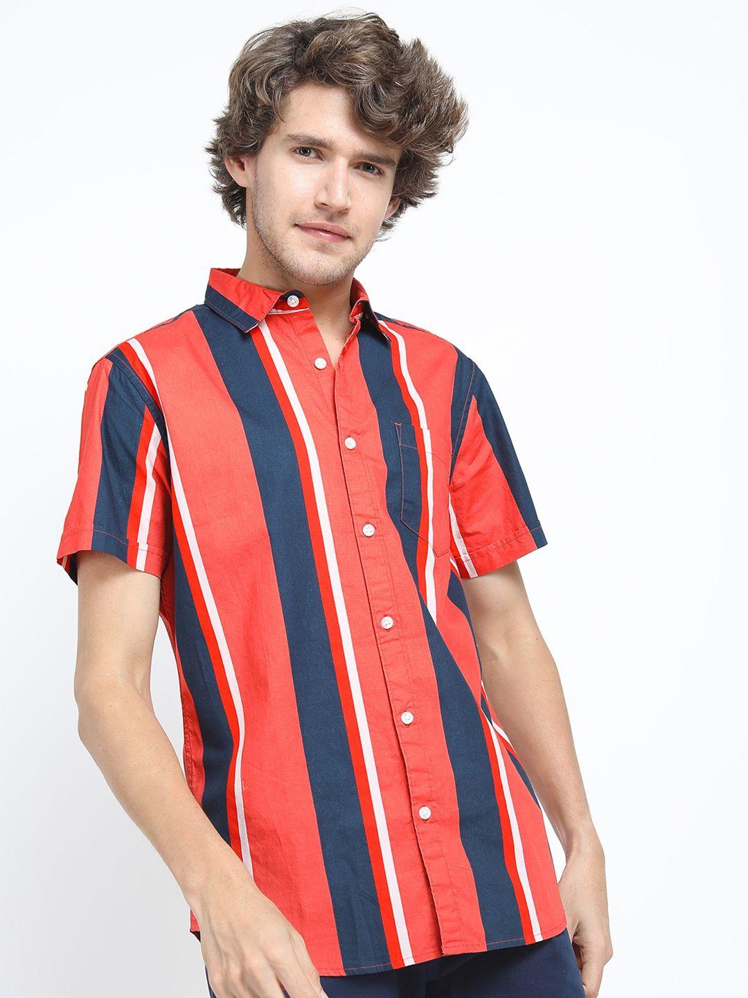 ketch men red & navy blue slim fit multi striped casual shirt