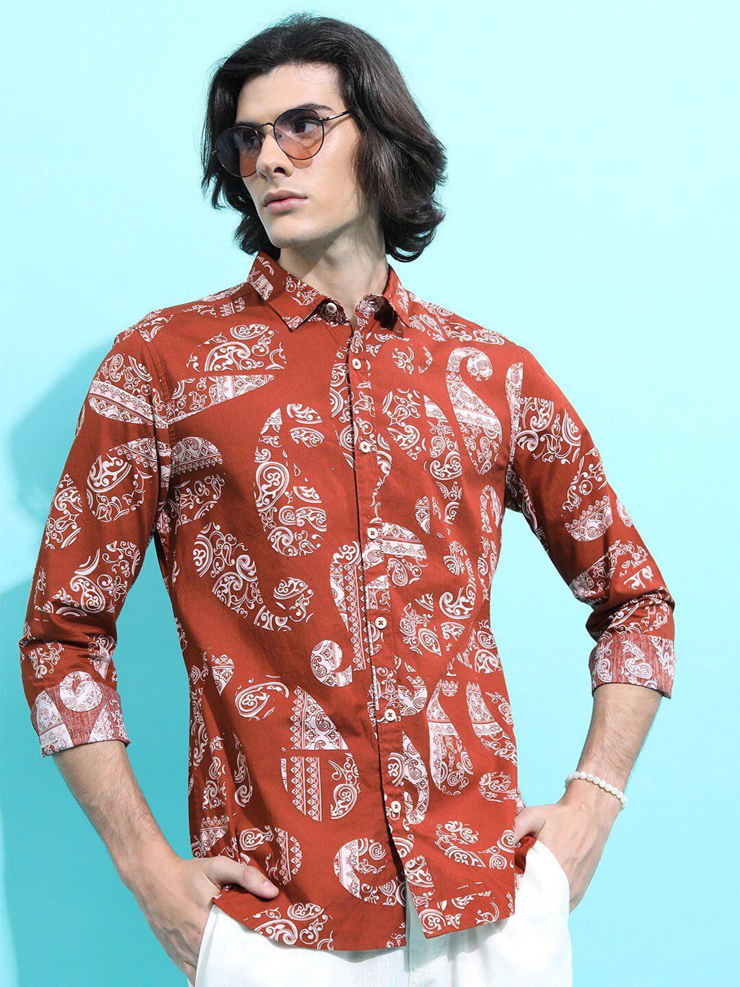 ketch men rust slim fit floral opaque printed casual shirt