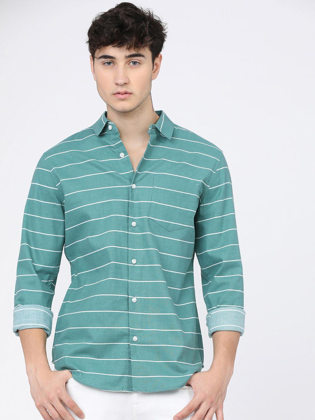 ketch men teal slim fit horizontal stripes striped casual shirt