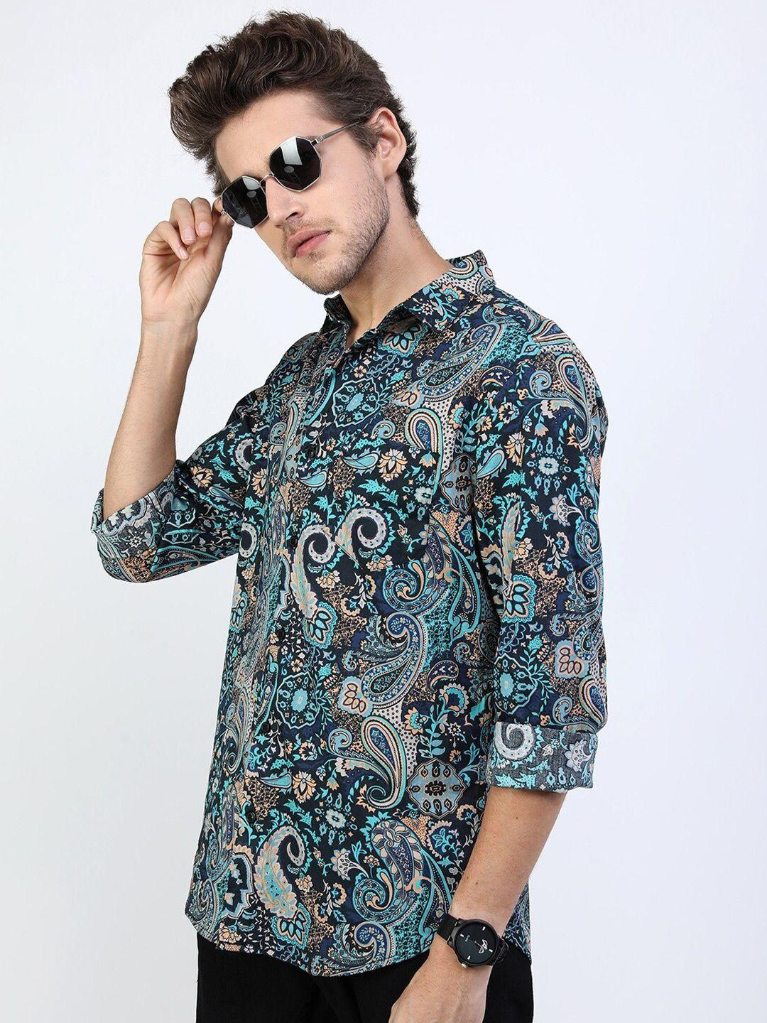 ketch men teal slim fit printed casual cotton  shirt