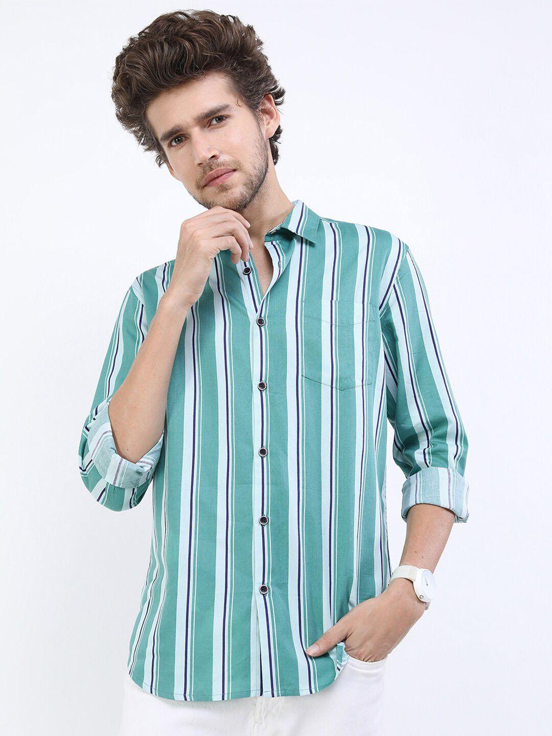 ketch men teal slim fit striped casual shirt