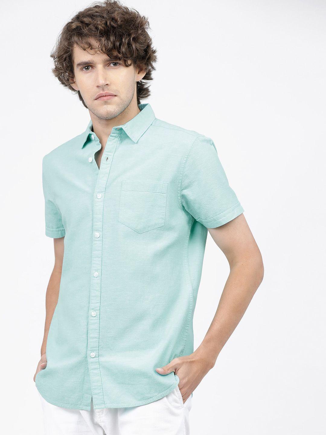 ketch men turquoise blue slim fit opaque casual shirt