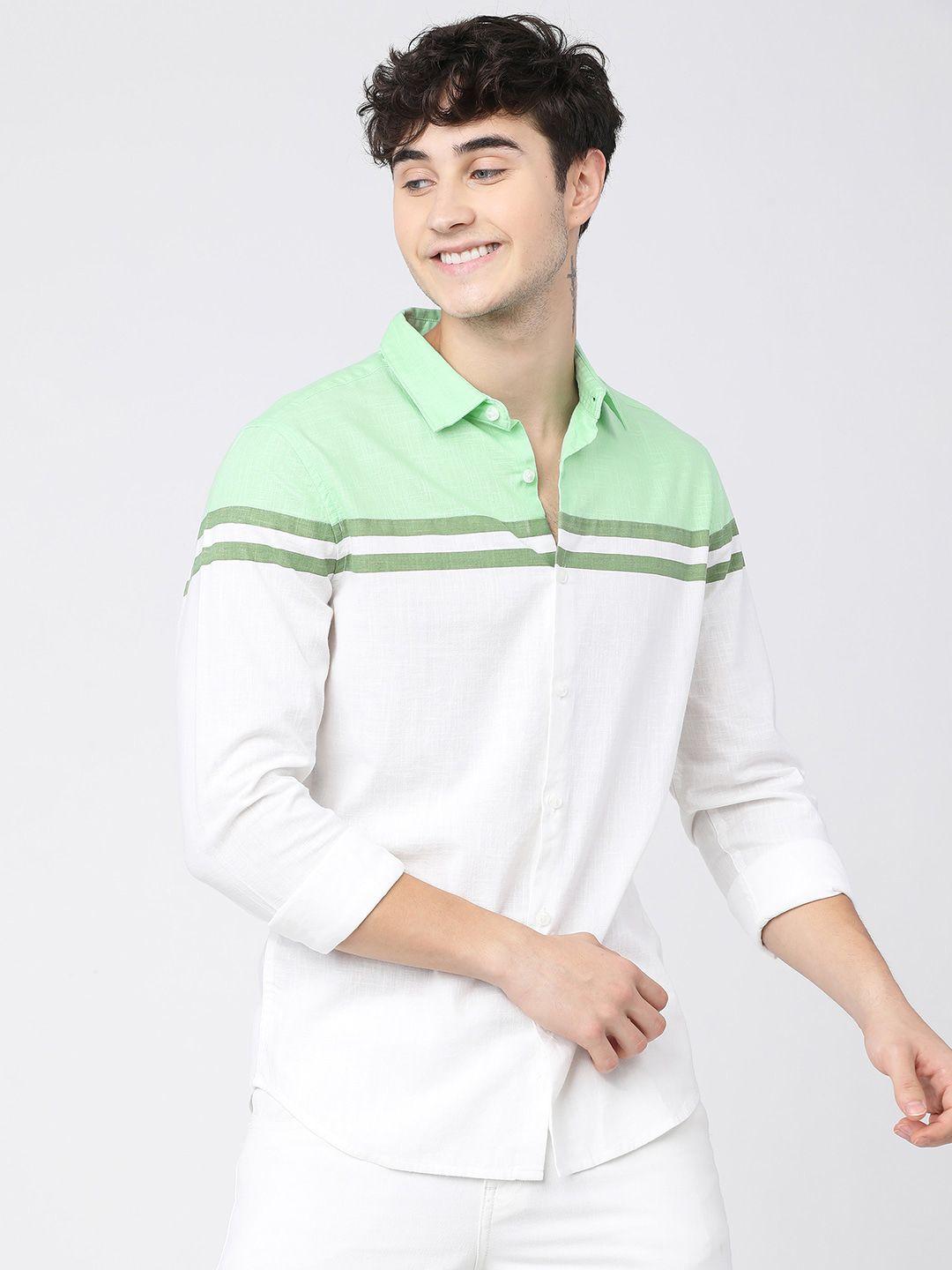 ketch men white & green slim fit colourblocked cotton casual shirt