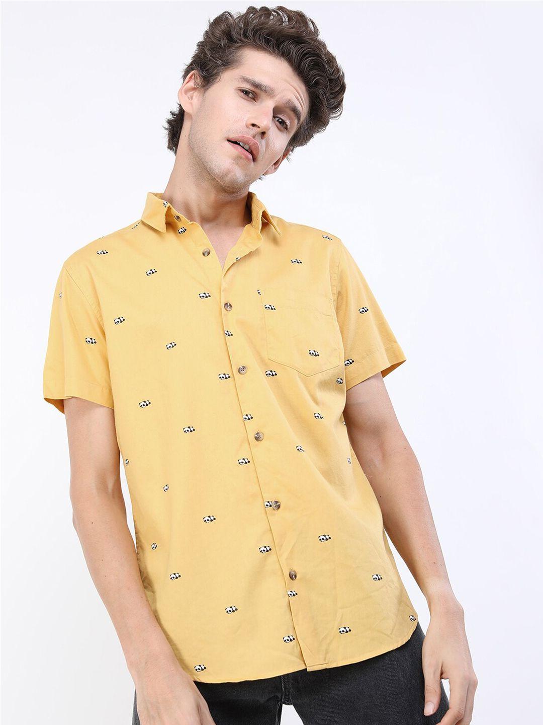 ketch men yellow slim fit printed casual shirt