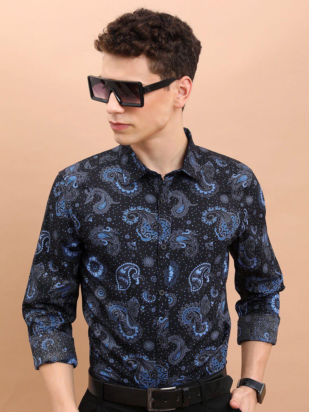 ketch navy blue slim fit ethnic motifs printed cotton casual shirt