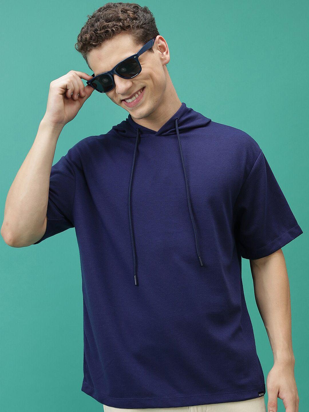 ketch navy blue striped drop-shoulder sleeves hooded longline oversized t-shirt