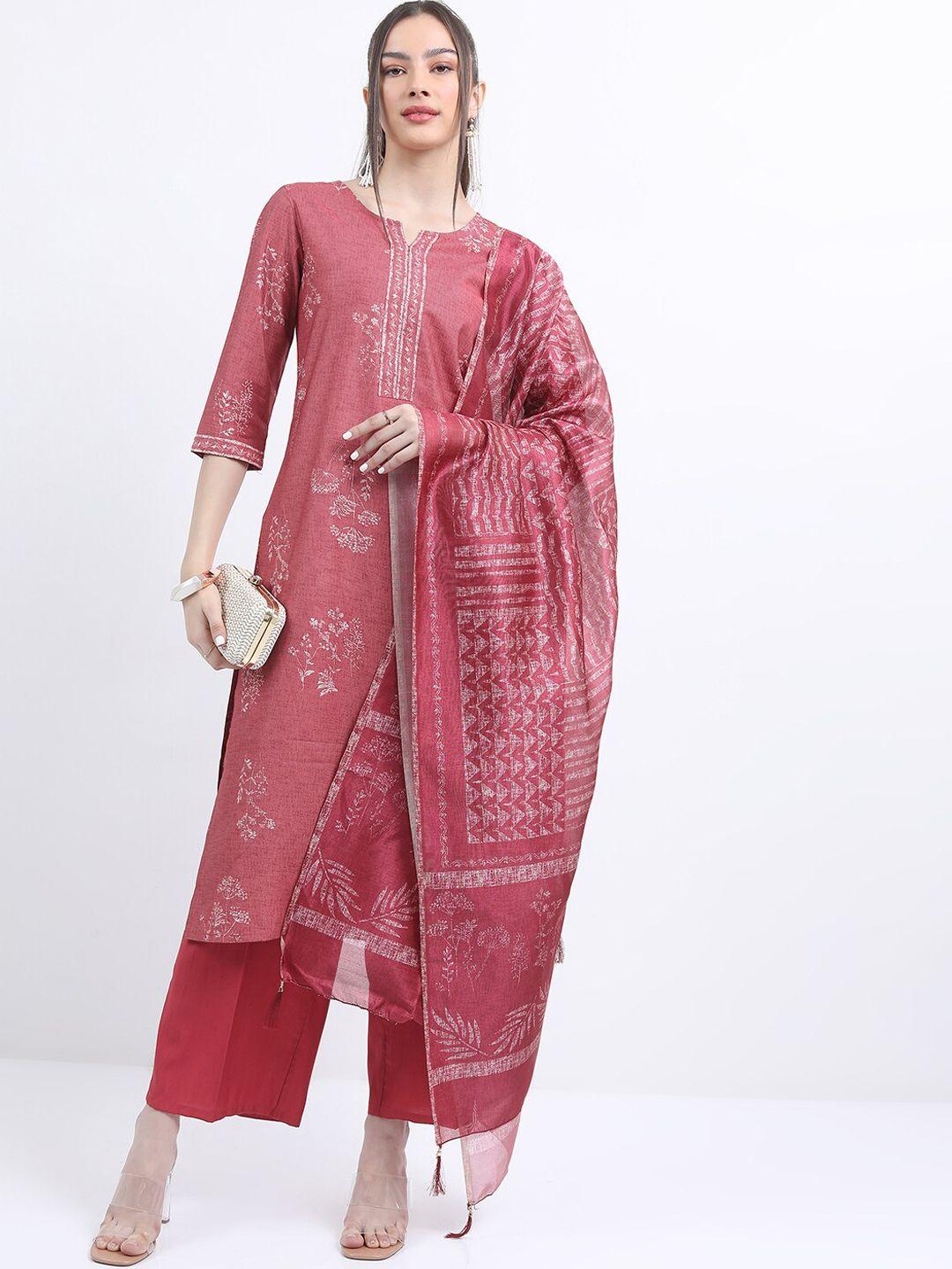 ketch notched neck floral printed straight kurta with palazzos & dupatta