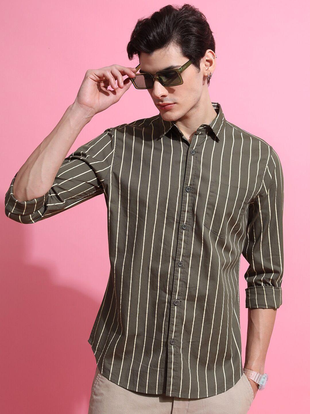 ketch olive green slim fit vertical striped cotton casual shirt