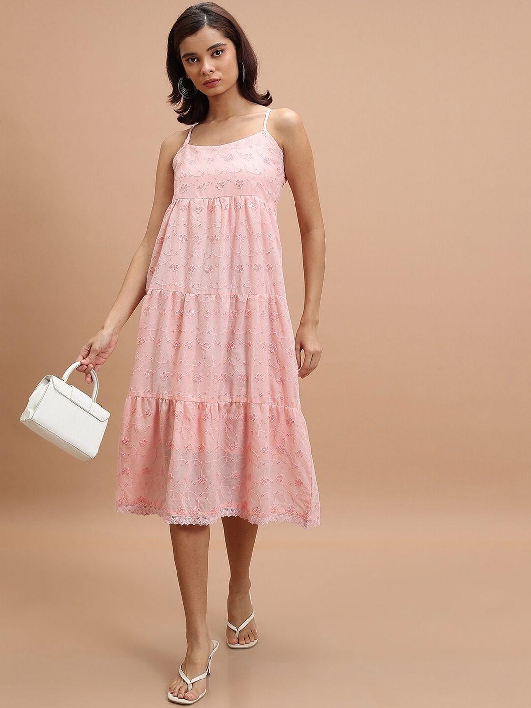 ketch pink floral embroidered shoulder straps sequinned tiered a-line midi dress