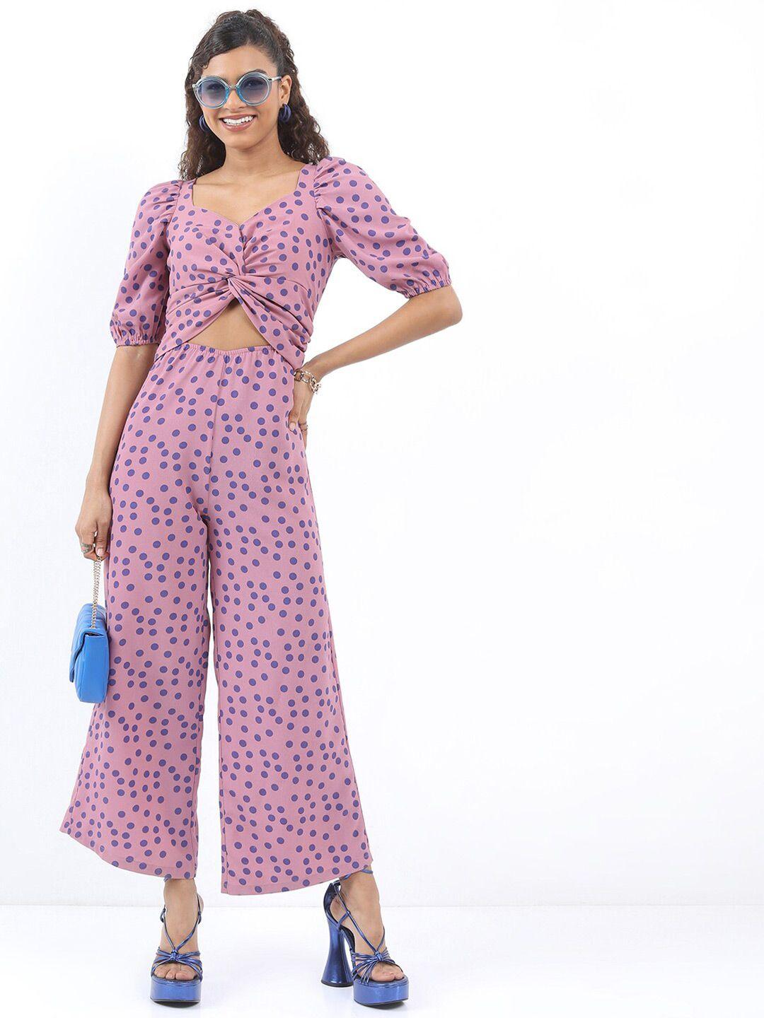 ketch polka dot printed sweetheart neck gathers cut outs basic jumpsuit